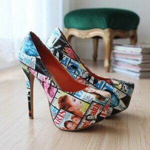 Shi by Journeys Stilettos Fashion Magazine Print Patent Leather Heels Womens 8